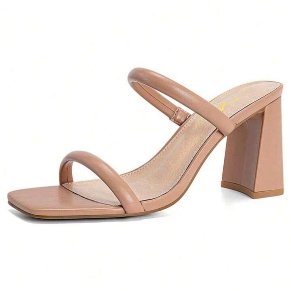 Athlefit Women’s Tan Square Open Toe Two Strap Chunky Heeled Slip On Sandal |NEW - Picture 1 of 13